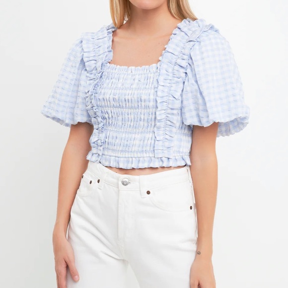 English Factory Tops - English Factory Gingham Smocked Puff Sleeve Top